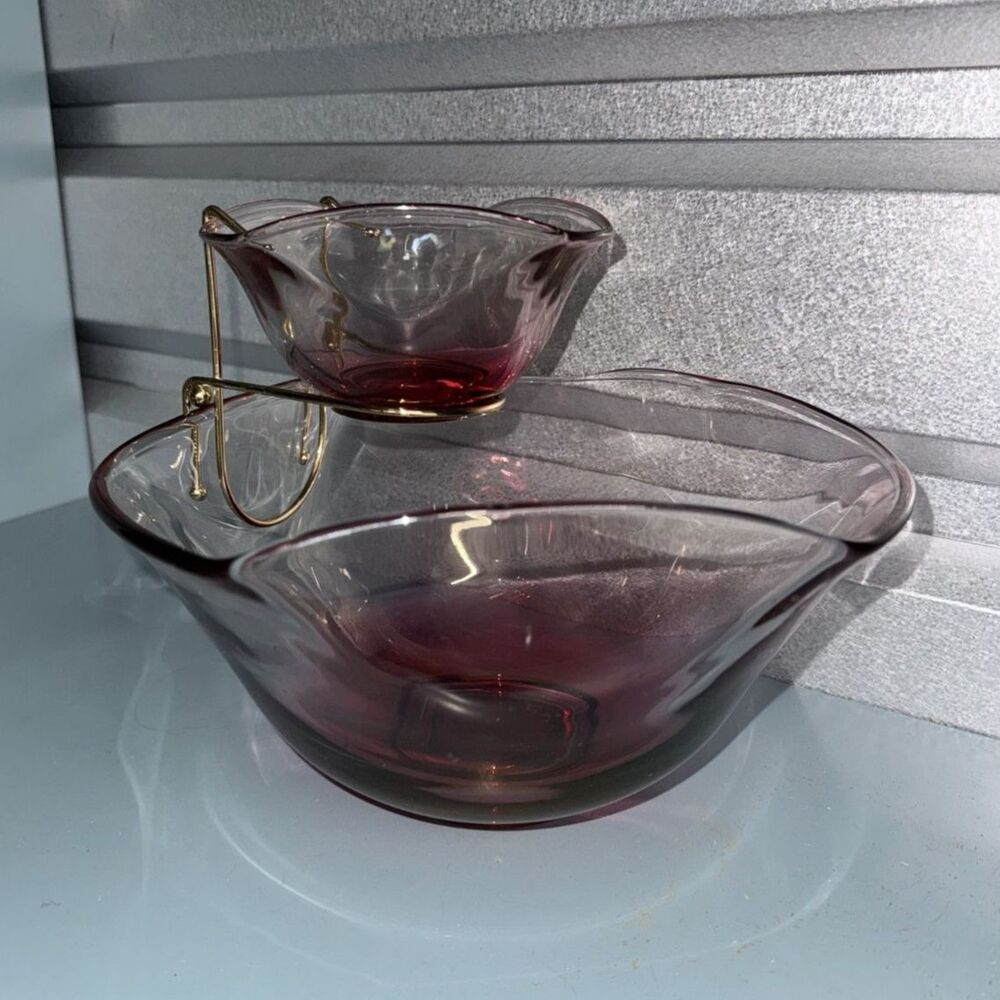 Vintage Indiana Glass Cranberry Chip & Dip Bowl Set w/ Metal Bracket Mid Century